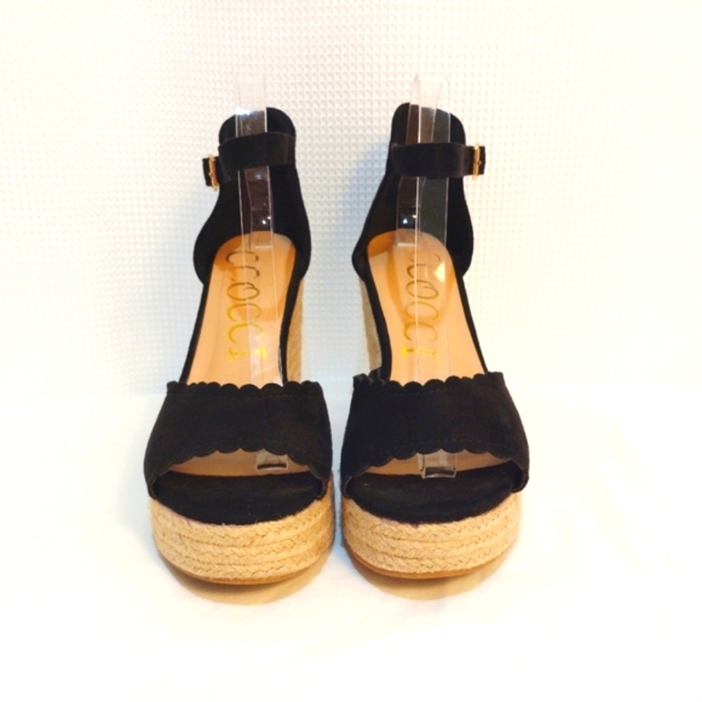 CCOCCI Jessie Espadrilles Wedge Sandal Black Suede w/ Ankle Buckle Strap